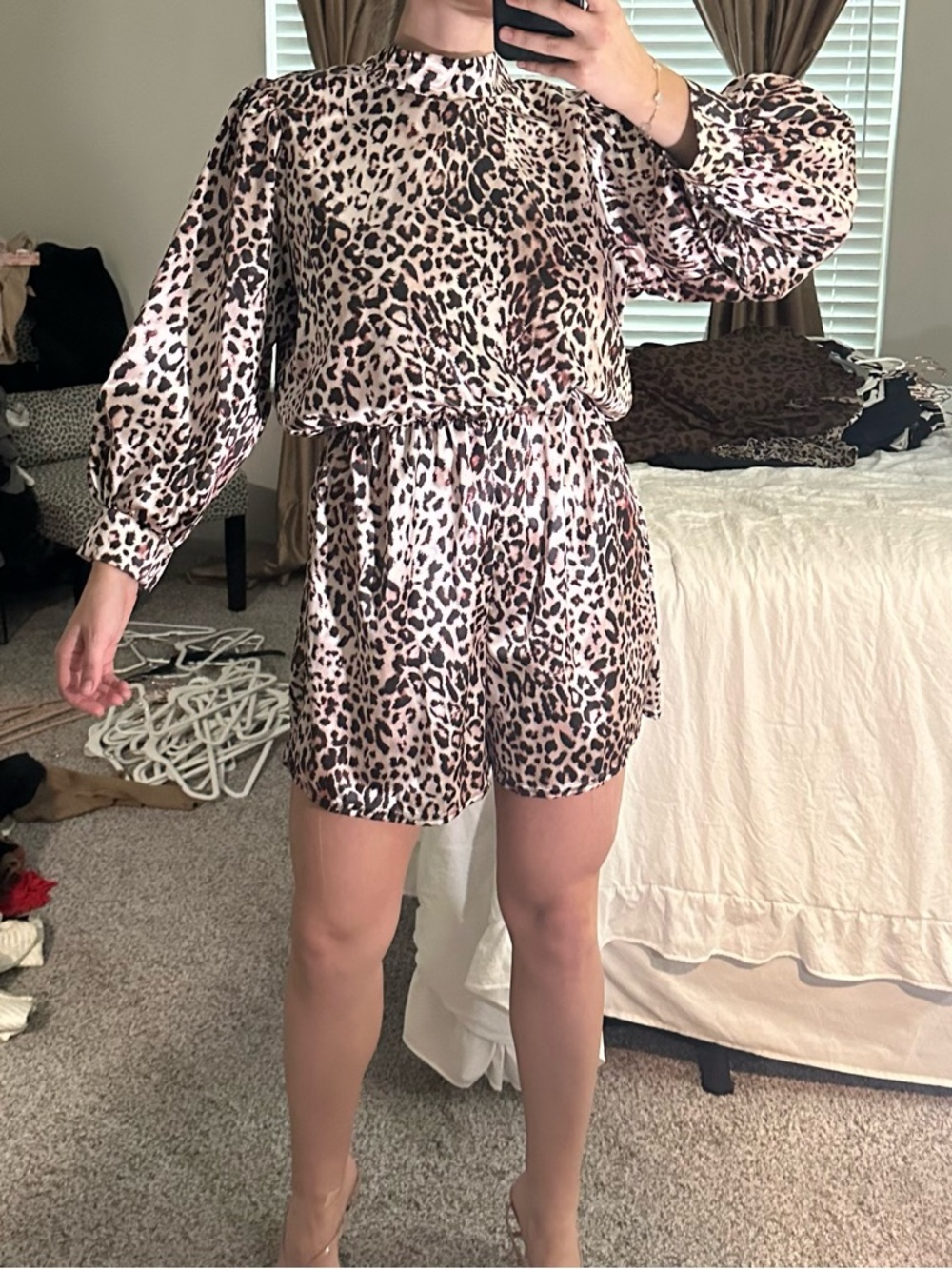 Boohoo Leopard Print Long Sleeve Romper in Beige and Brown